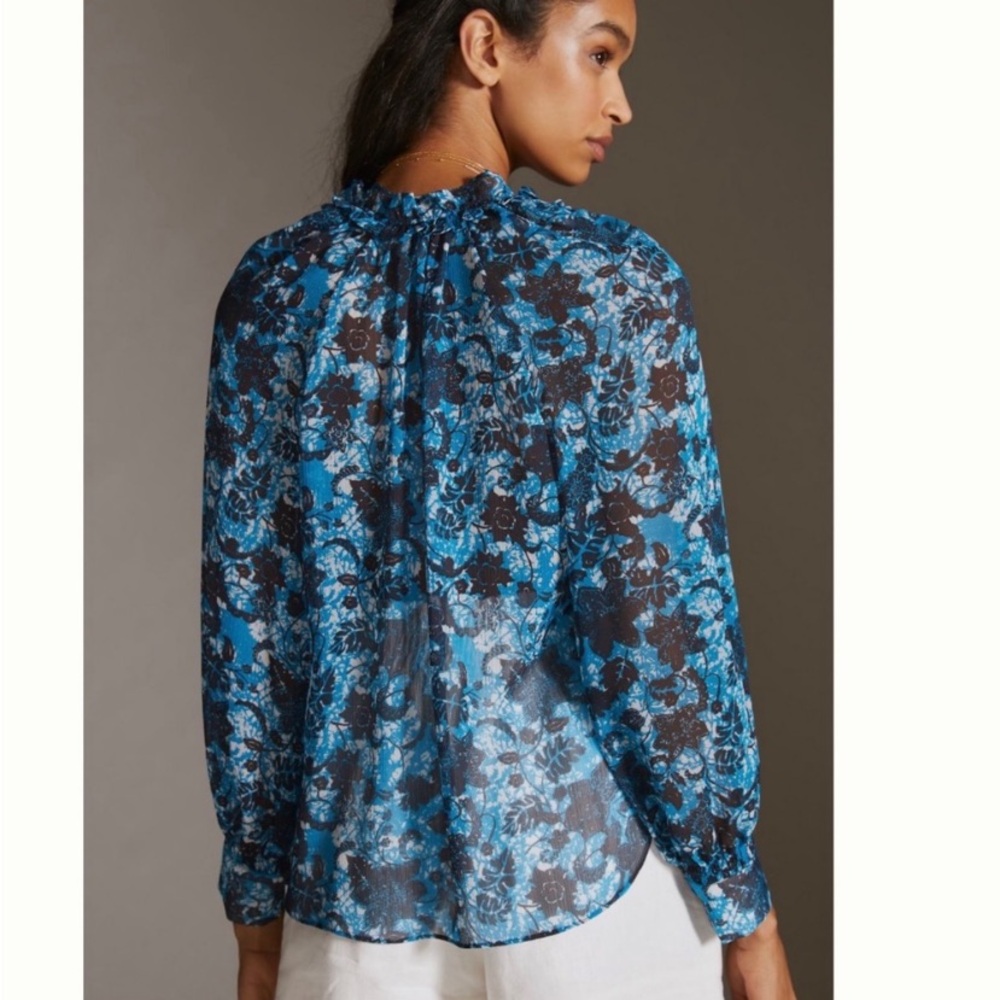 ANTHROPOLOGIE Sheer Printed Western Peasant Blouse Blue Black Floral - Picture 5 of 10